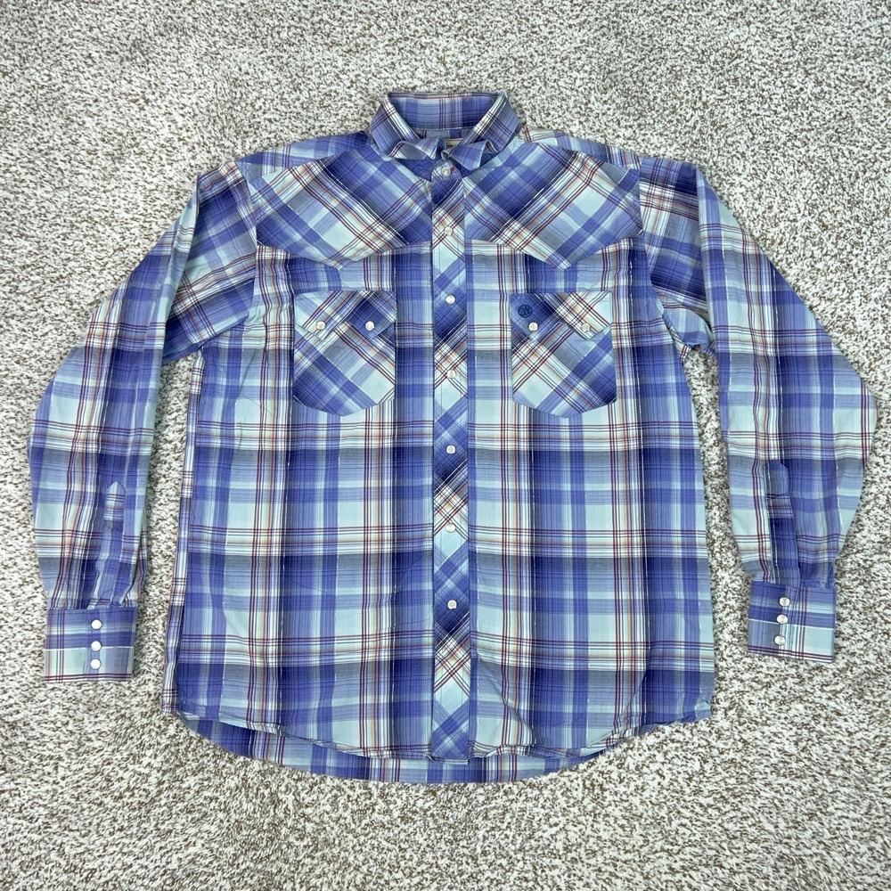 Wrangler Mens Shirt Medium Blue Plaid Pearl Snap Long Sleeve Western Cowboy Top